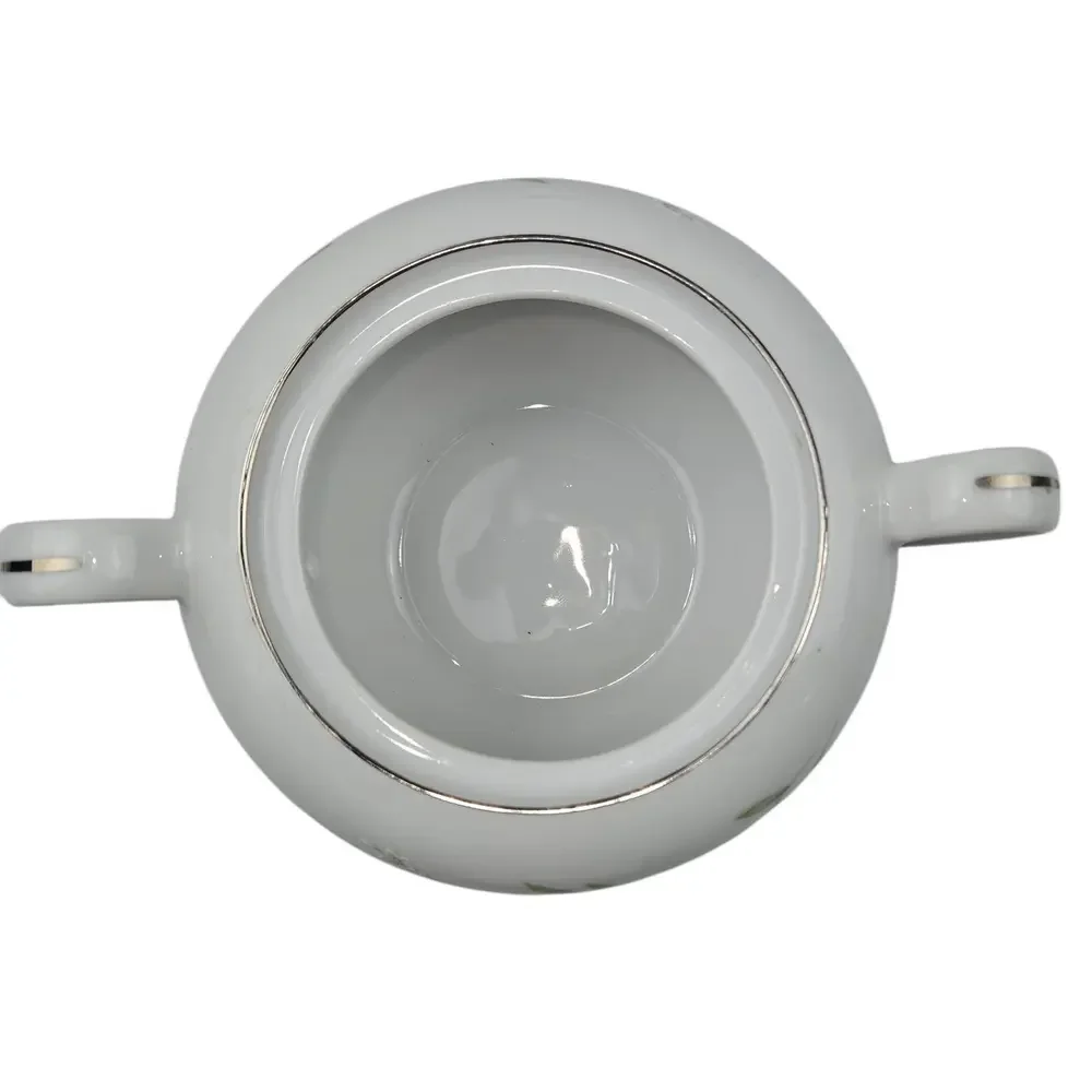 Sango Springtime 6511‎ Sugar Bowl with Lid Fine China Platinum Trim Floral Leaf